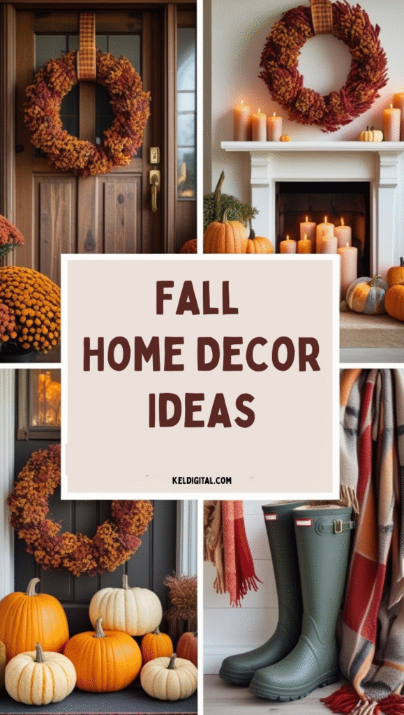 2 Lifestyle shots showing the wreath in different seasonal settings - hanging on a rustic door with fall mums nearby, displayed on a mantel with pumpkins and candles, shown in a cozy entryway with boots and scarves. Warm, inviting lighting that makes viewers want to recreate the look. Pinterest-friendly with "Fall Home Decor Ideas" text overlay.