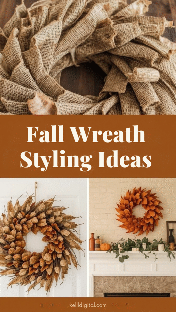 3 Close-up detail shots of the finished wreath showing texture and layering. Include images of the wreath hanging on different surfaces - front door, interior wall, seasonal mantel. Golden hour lighting to emphasize the warm autumn colors. Pinterest-friendly with "Fall Wreath Styling Ideas" text overlay.