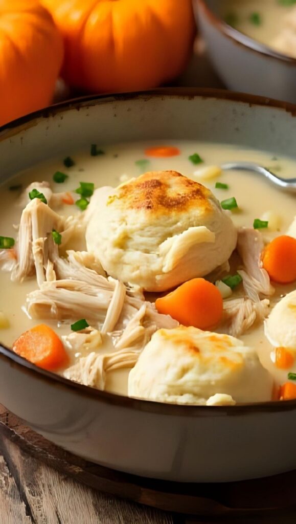 5 A comforting bowl of Crockpot chicken and dumplings with creamy broth, shredded chicken, carrots, and fluffy biscuit dumplings floating on top. Rustic bowl with spoon, cozy fall background, realistic food photography.