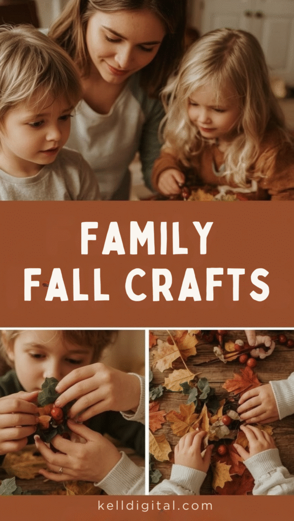 5 Heartwarming scene of mom and children crafting together, with little hands helping arrange leaves and berries. Include close-ups of children's focused faces and small hands working with materials. Warm, natural lighting that captures the joy of family crafting time. Pinterest-friendly with "Family Fall Crafts" text overlay.