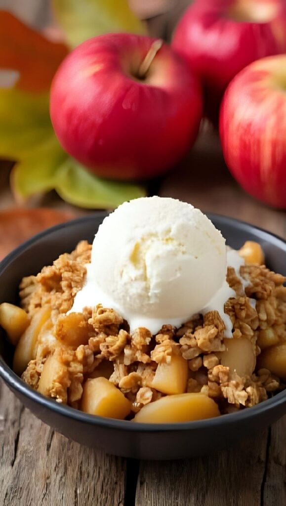 6 A bowl of warm Crockpot apple crisp with golden oat topping, cinnamon apples underneath, and a scoop of vanilla ice cream melting on top. Rustic wooden table with autumn leaves and apples in the background. Realistic food photography, cozy fall vibe.