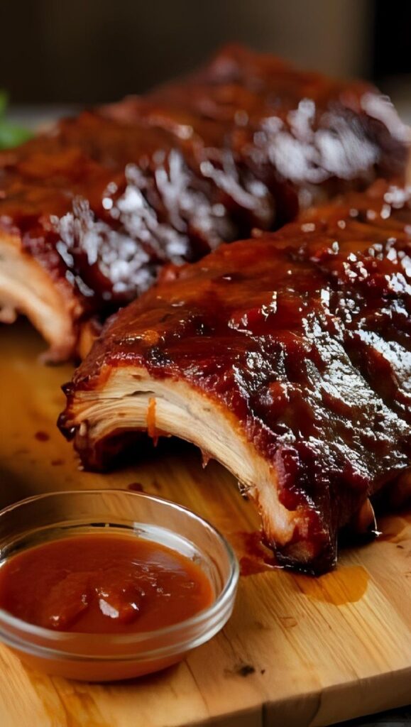 7 Slow-cooked BBQ ribs glazed with sauce, falling off the bone. Served on a wooden board with a small dish of BBQ sauce on the side. Slight char from broiler, glistening texture, juicy and tender look.