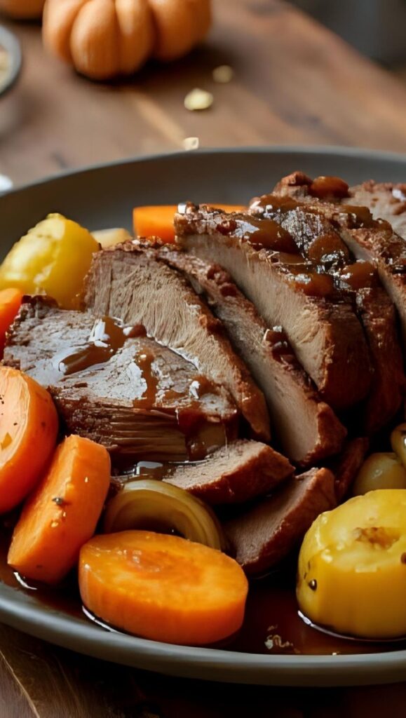 9 Crockpot pot roast served on a platter with tender beef, golden potatoes, carrots, and onions. Juices drizzled over the roast, rustic fall table setting, warm and inviting light. Realistic food photography, high detail.