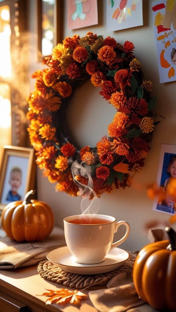 Cozy lifestyle shot showing the completed wreath as part of a larger Cozy lifestyle shot showing the completed wreath as part of a larger fall home scene, with warm lighting, maybe a cup of tea, and autumn colors throughout. Include subtle glimpses of children's artwork or family photos to emphasize the homey feel. Pinterest-friendly with "Cozy Fall Home" text overlay.