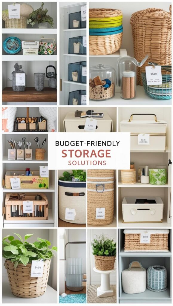 Final reveal photo of a complete back-to-school (2) Collage of budget-friendly storage solutions: thrift store finds, DIY projects, and creative repurposing ideas. Include price tags showing affordable options.