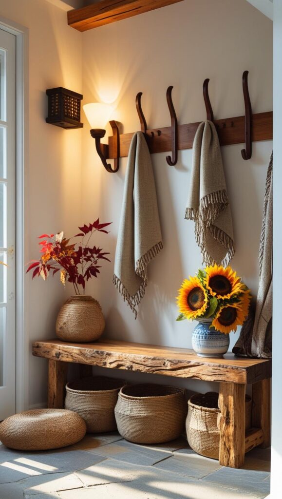 Final reveal photo of a complete back-to-school (3) Bright, welcoming entryway with wooden bench, hooks on wall, basket storage, and warm lighting. Natural textures with pops of seasonal color. Clean, organized but lived-in feel.