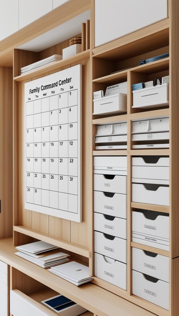 Final reveal photo of a complete back-to-school Child-height organization system with colorful labels, pictures, and accessible storage. Show a child actually using the system successfully.