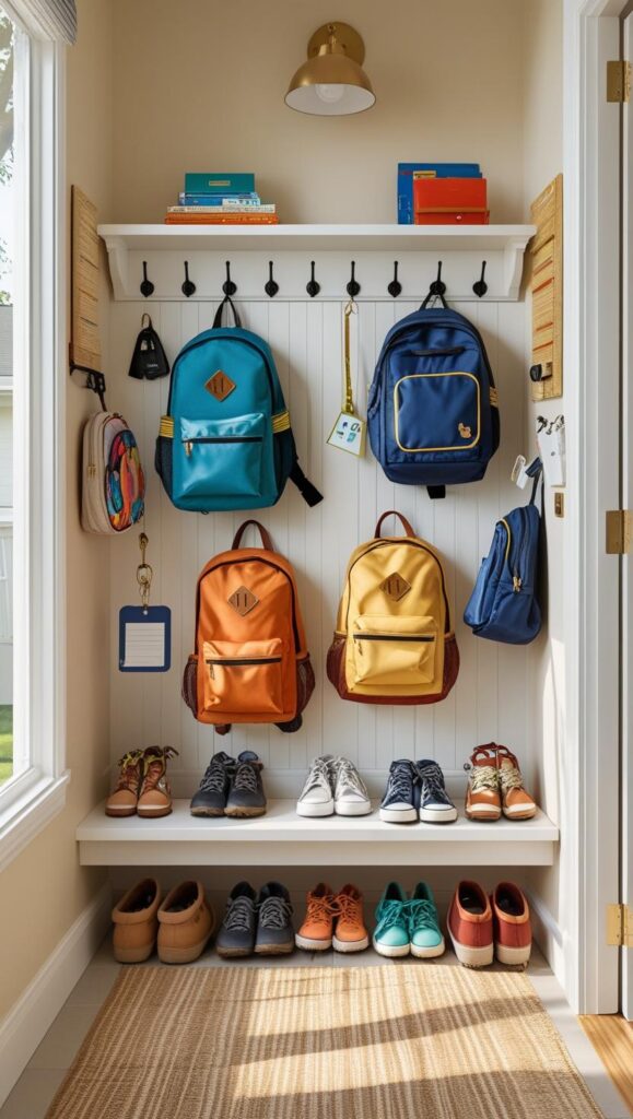 Final reveal photo of a complete back-to-school entryway transformation. (1) Final reveal photo of a complete back-to-school entryway transformation. Show the space being used by a real family, with backpacks, shoes, and daily life items in their designated spots.