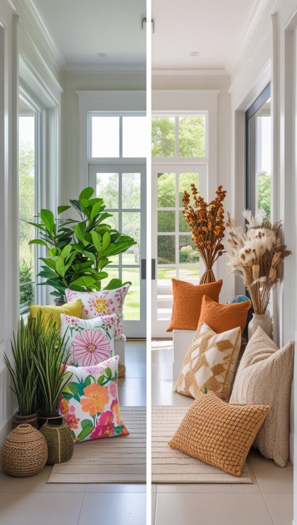 Final reveal photo of a complete back-to-school entryway transformation. (4) Side-by-side styling examples showing the same entryway with different seasonal accessories. Focus on simple swaps like pillows, plants, and decorative objects.