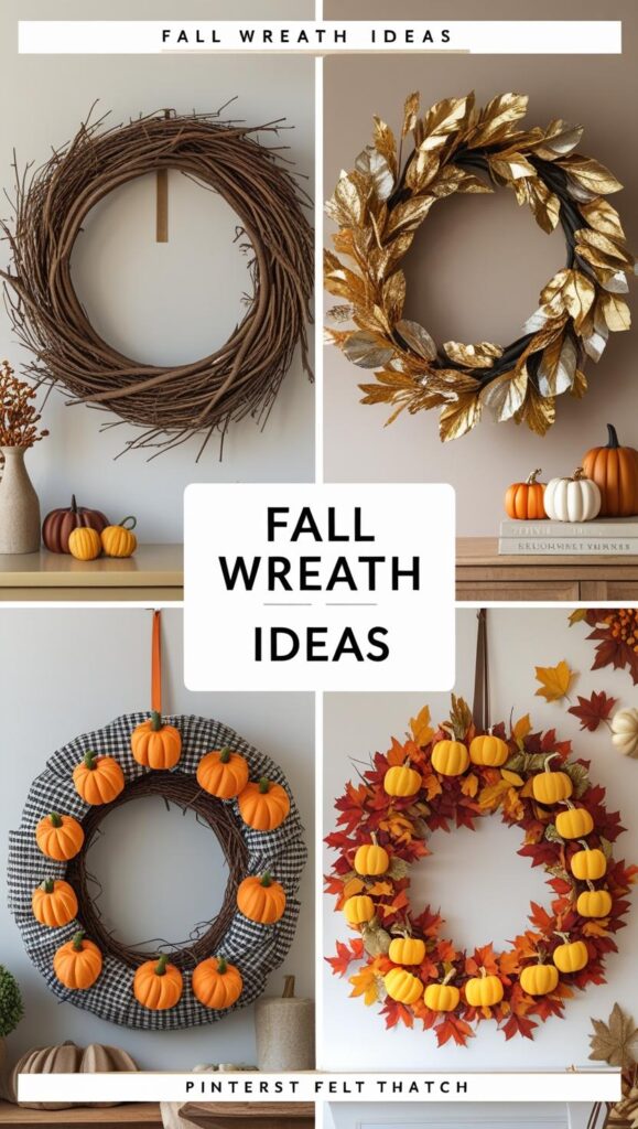 Grid layout showing different wreath variations - rustic style with twigs, Grid layout showing different wreath variations - rustic style with twigs, elegant style with metallic accents, playful style with extra pumpkins, minimalist style with simple leaves. Each variation clearly labeled with its style approach. Pinterest-friendly with "Fall Wreath Ideas" text overlay.