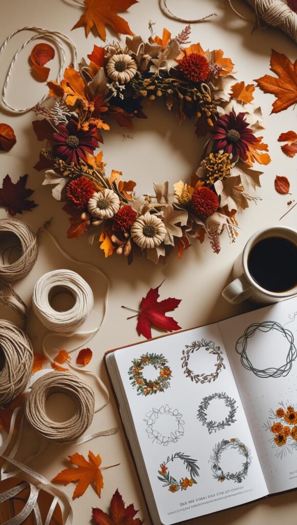 Inspirational flat lay showing the finished wreath alongside crafting supplies, a notebook for jotting ideas, Blog Image Prompt: Inspirational flat lay showing the finished wreath alongside crafting supplies, a notebook for jotting ideas, and a warm cup of coffee. Include soft autumn lighting and maybe a few scattered fall leaves. Pinterest-friendly with "Start Your Fall Crafting Journey" text overlay.