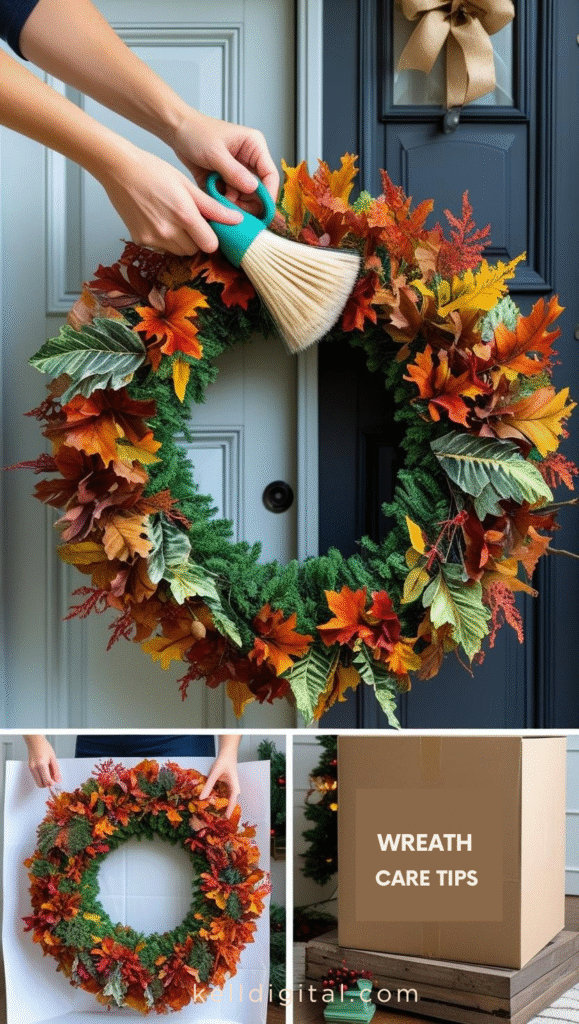 Untitled design (5) Gentle hands carefully dusting a wreath with a soft brush, alongside storage tips showing the wreath carefully wrapped in tissue paper. Include seasonal transition shots showing the wreath being taken down and stored. Pinterest-friendly with "Wreath Care Tips" text overlay.