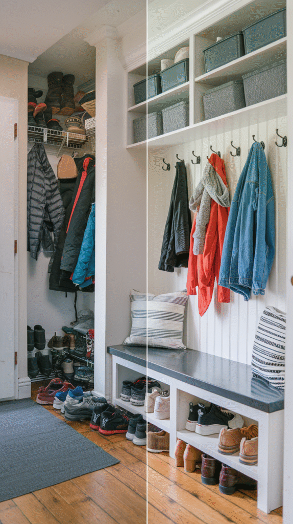 a-photo-of-a-before-and-after-entryway-c_RXxR_xM-QseX6PJ61-6ZFw_oxL_v2sySeGNJubDi1d6_A Before and after entryway comparison showing cluttered vs. organized space. Focus on practical storage solutions like cubbies, hooks, and designated spots for each family member.
