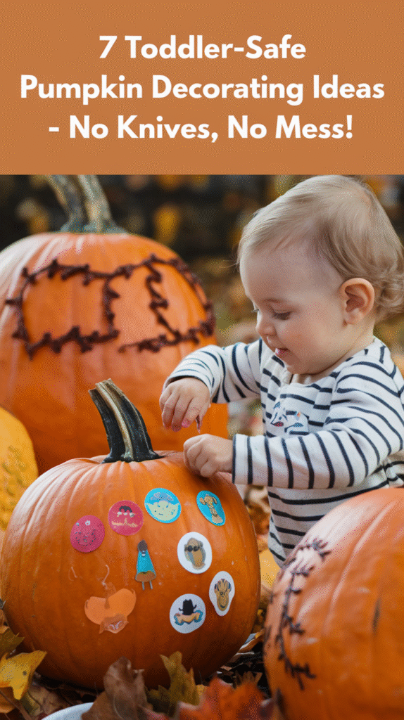 "Vertical flat lay of toddler-safe pumpkin decorating ideas — pumpkins covered with stickers, washi tape, googly eyes, and felt pieces — bright fall colors, clean white background, soft natural lighting — text overlay in playful font '7 Toddler-Safe Pumpkin Decorating Ideas – No Knives, No Mess!'"