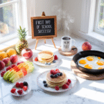A bright, cheerful kitchen scene with a marble countertop featuring colorful breakfast items arranged beautifully - pancakes with fresh berries, scrambled eggs in a cast iron skillet, fresh fruit arranged in a rainbow pattern, a steaming coffee mug with "Mom Fuel" text, and a chalkboard sign reading "First Day of School Success!" Natural morning light streaming through windows, Pinterest-style flat lay photography.