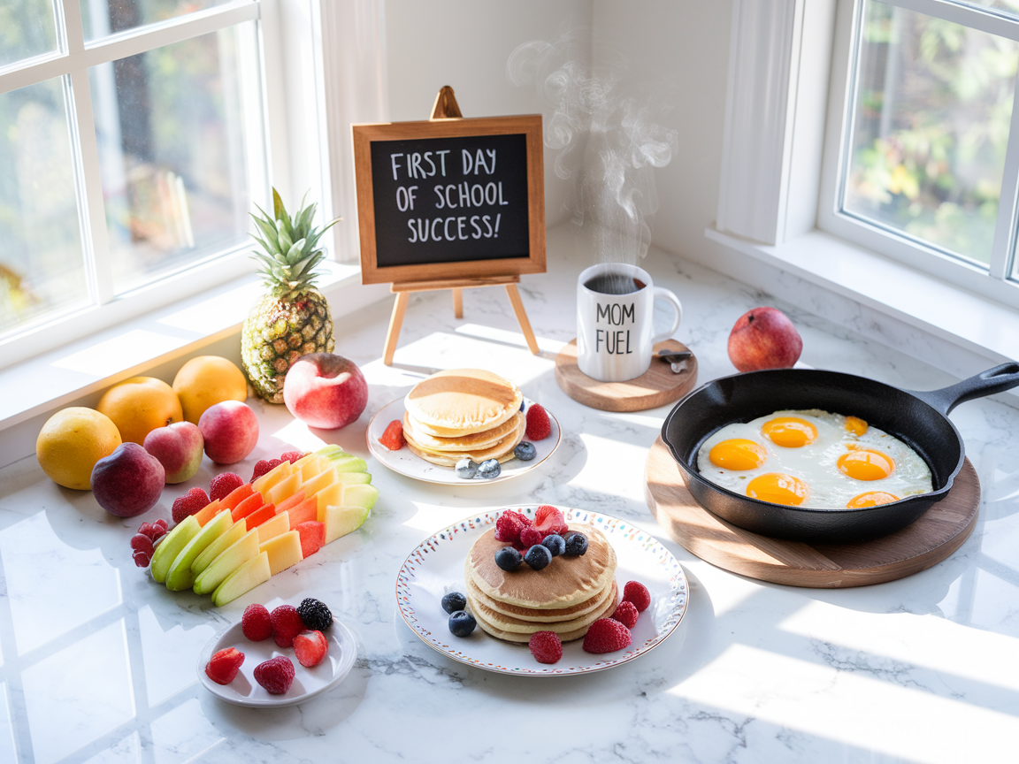 A bright, cheerful kitchen scene with a marble countertop featuring colorful breakfast items arranged beautifully - pancakes with fresh berries, scrambled eggs in a cast iron skillet, fresh fruit arranged in a rainbow pattern, a steaming coffee mug with "Mom Fuel" text, and a chalkboard sign reading "First Day of School Success!" Natural morning light streaming through windows, Pinterest-style flat lay photography.