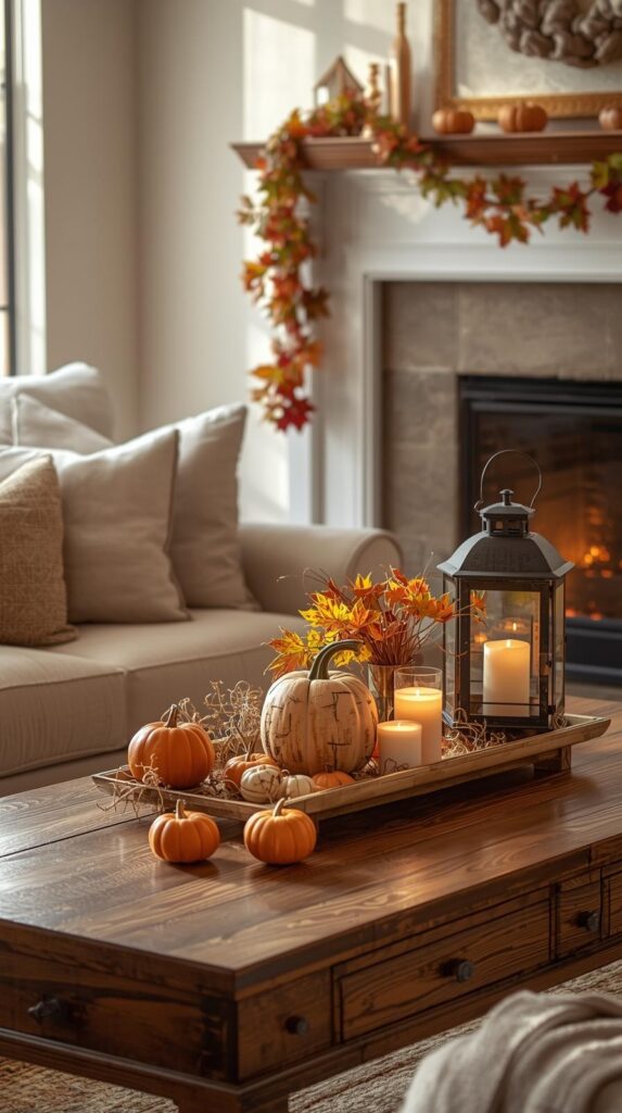 A cozy living room decorated for fall, featuring neutral pillow covers, a rustic lantern with candles, a wooden pumpkin on a coffee table, maple leaf garlands hanging on the mantel, and mini pumpkins scattered arou