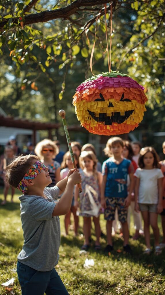 A homemade Halloween piñata shaped like a pumpkin, hanging in a backyard, kids with blindfolds ready to hit it, realistic Halloween party scene.