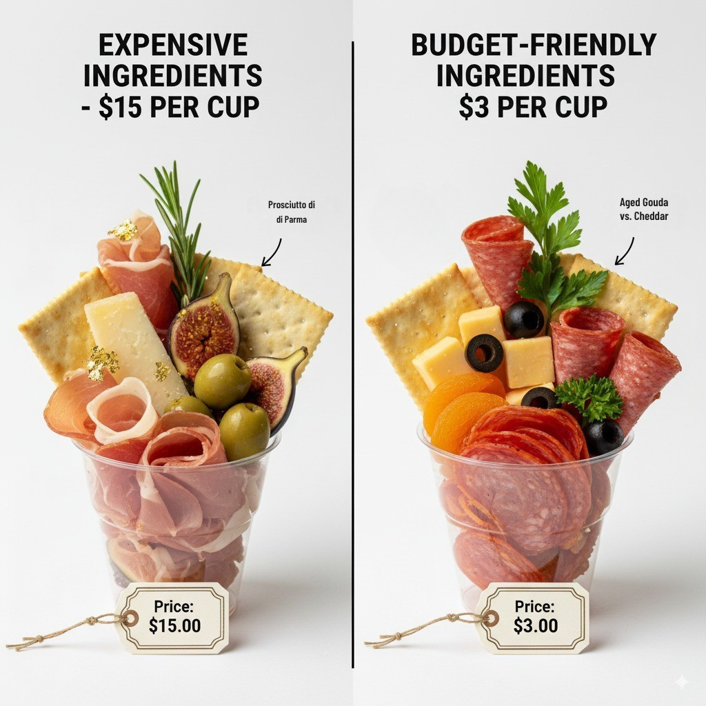Split screen showing expensive vs budget ingredients side by side, with price tags, demonstrating how to achieve similar results with different price points.