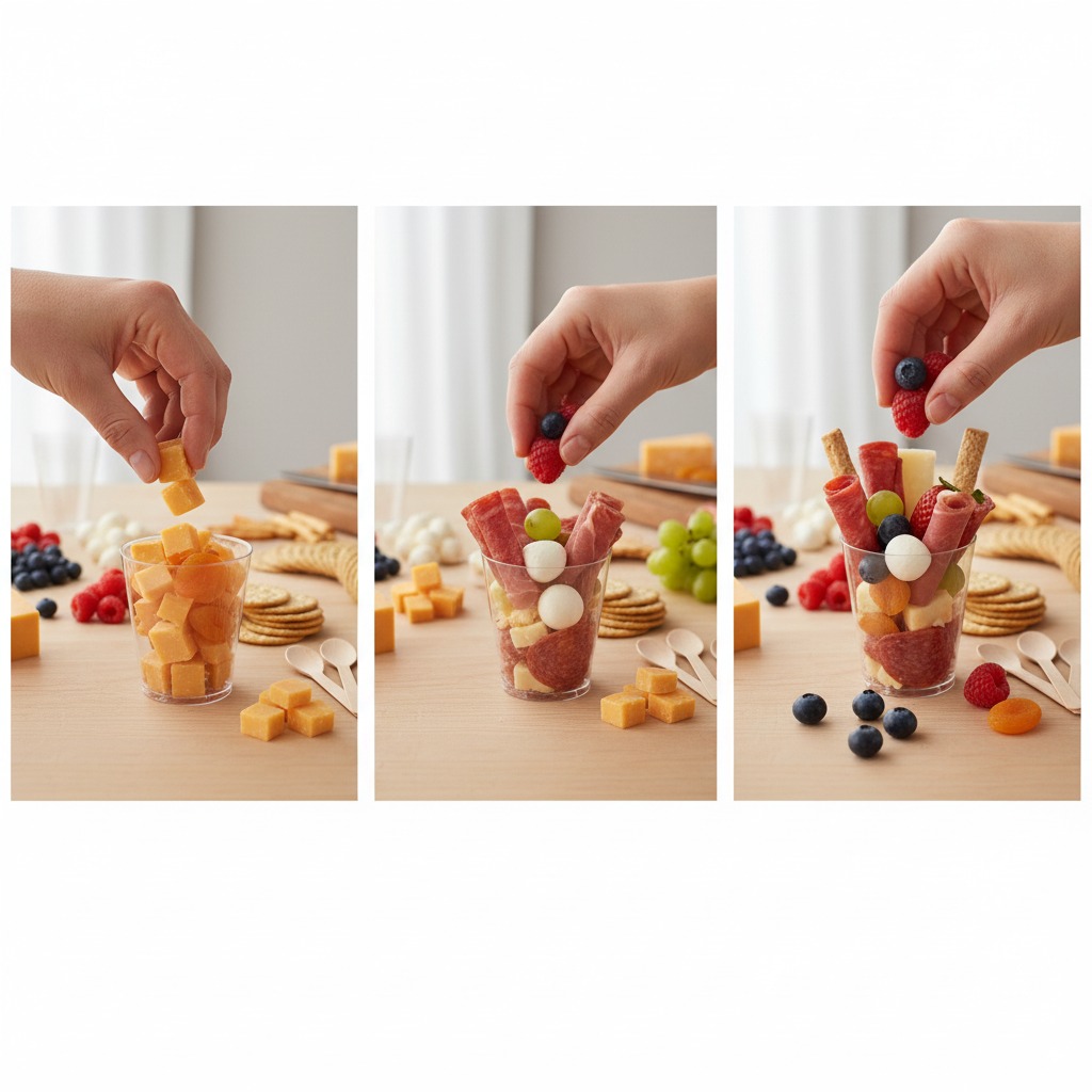 Step-by-step sequence showing hands assembling a charcuterie cup, with ingredients being layered one by one, bright kitchen lighting, clean workspace.
