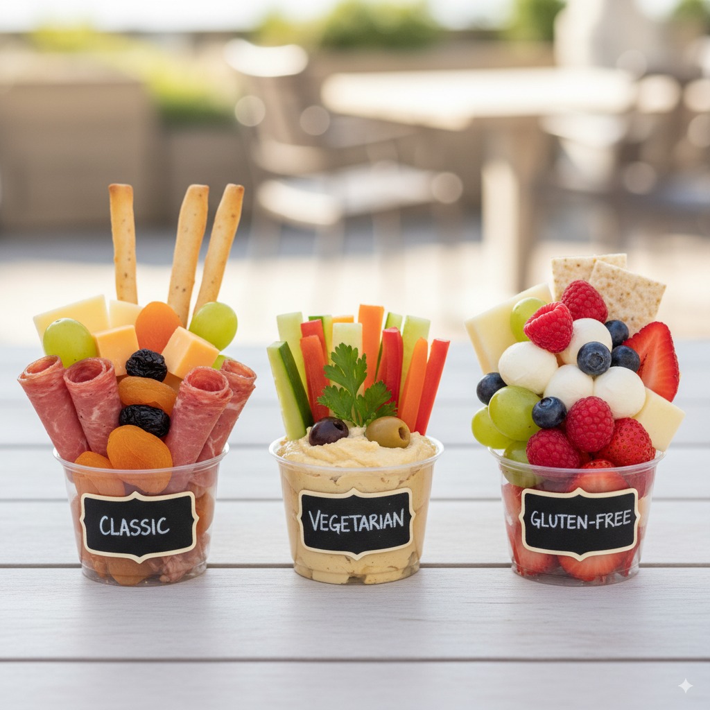 Three different charcuterie cups side by side - one regular, one vegetarian with hummus and veggies, one gluten-free with cheese and fruits, labeled clearly with small chalkboard signs.