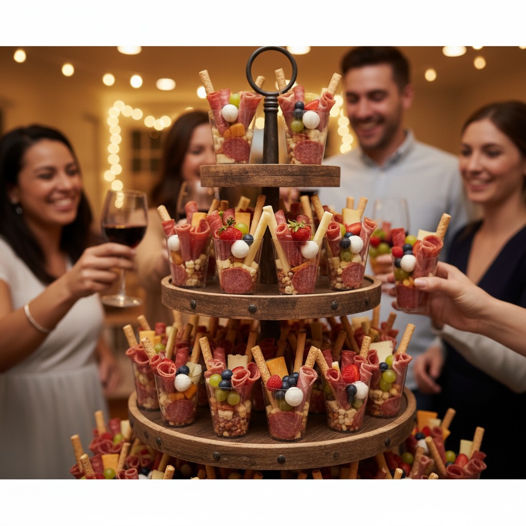 Charcuterie cups arranged on a tiered serving stand at a party, with string lights in the background and happy guests reaching for cups, warm evening lighting.