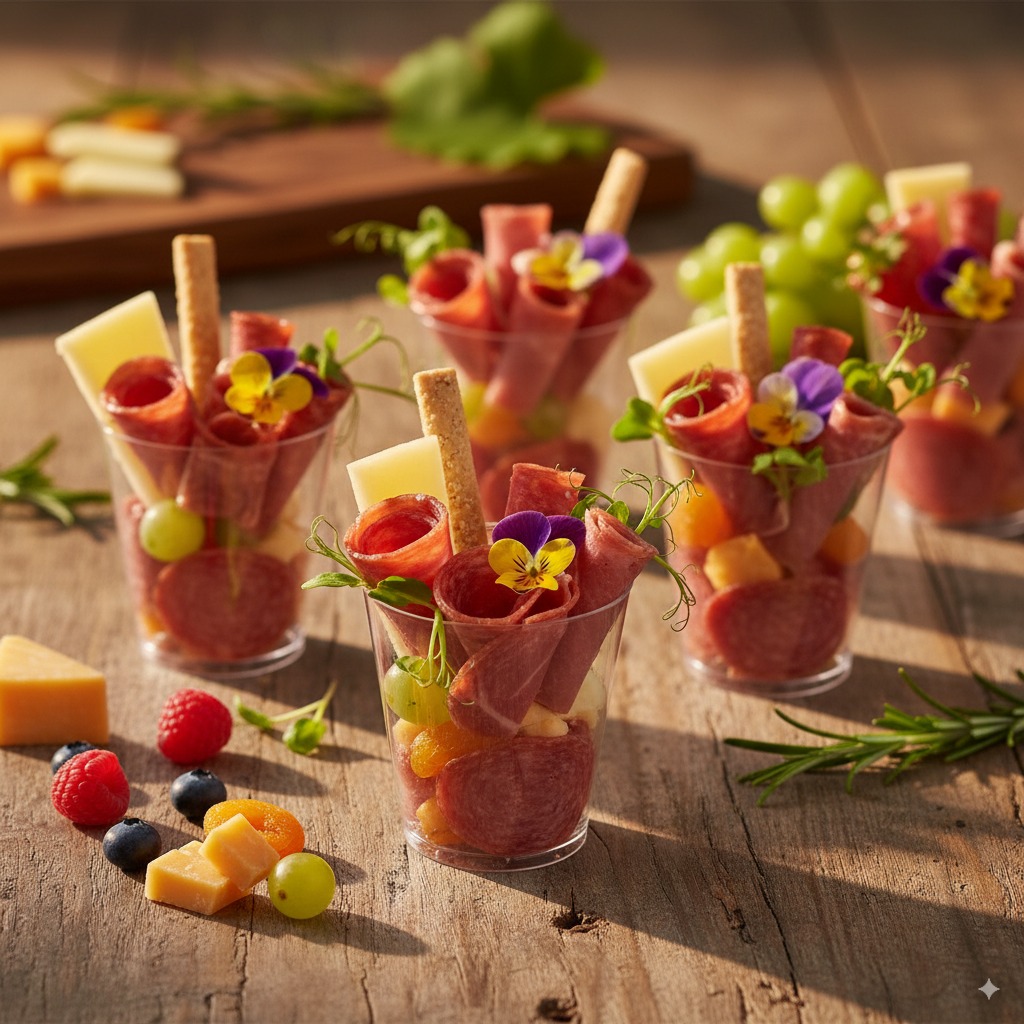 Elegant charcuterie cups with gourmet touches like microgreens, edible flowers, and artistic meat arrangements, photographed in golden hour lighting with a rustic wooden background.