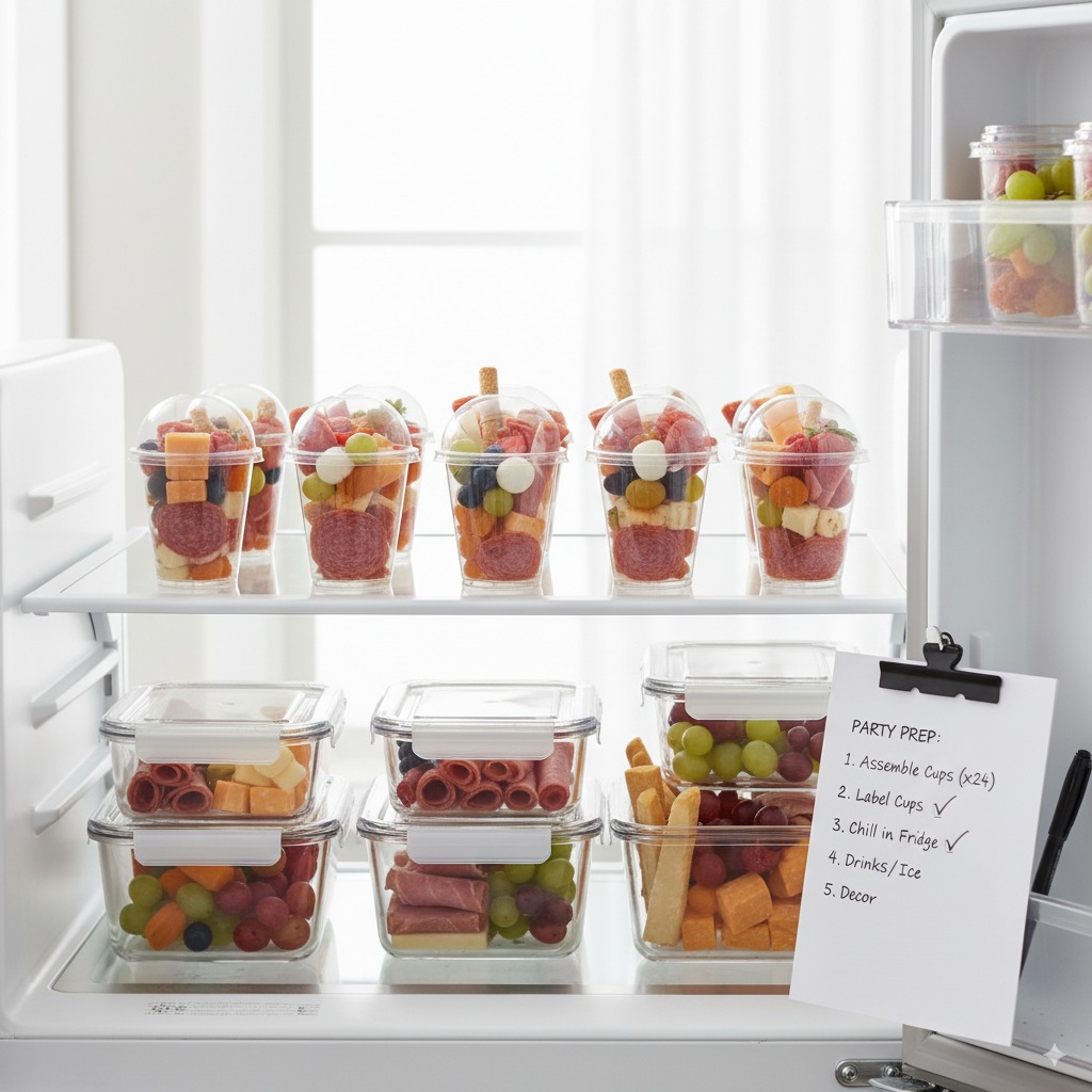 Kitchen prep scene showing covered charcuterie cups in the refrigerator, ingredients organized in containers, and a checklist on the counter, natural kitchen lighting.