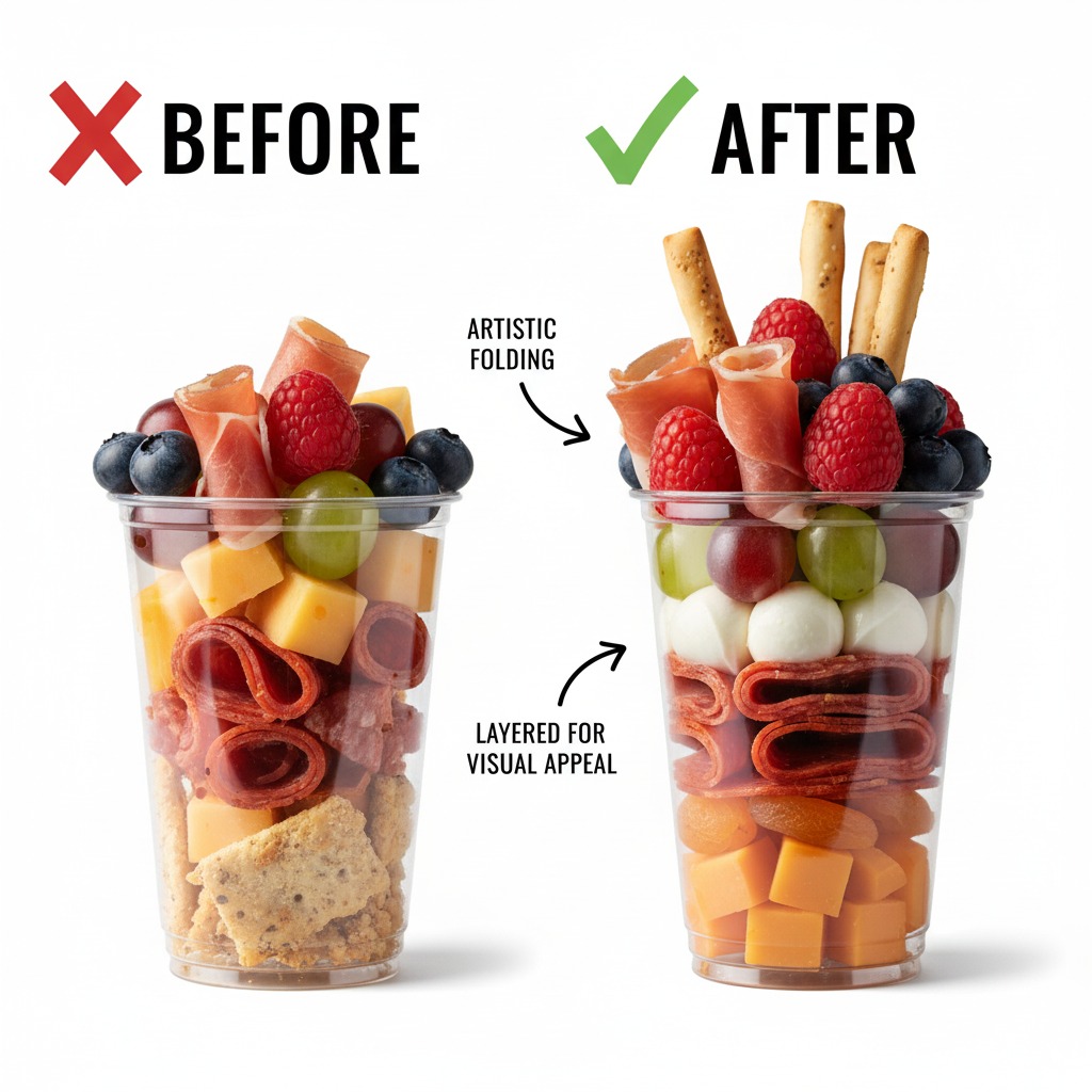 Before and after comparison showing a messy, poorly constructed charcuterie cup next to a beautifully arranged one, with arrows pointing to improvements.