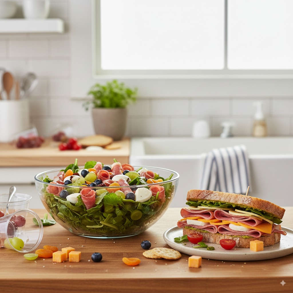  Leftover charcuterie cup ingredients being repurposed into a salad and sandwich, showing creative ways to use extras, bright kitchen setting.