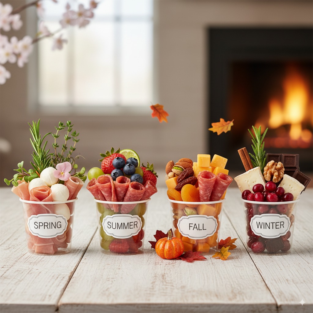 Four charcuterie cups representing different seasons - spring with fresh herbs, summer with berries, fall with nuts and dried fruits, winter with cranberries and warm colors.