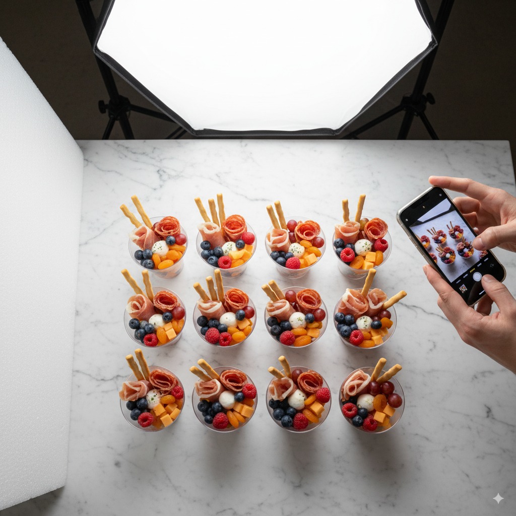 Overhead shot of charcuterie cups arranged in a perfect grid on a marble surface, with phone camera visible in the frame taking the photo, perfect lighting setup visible.