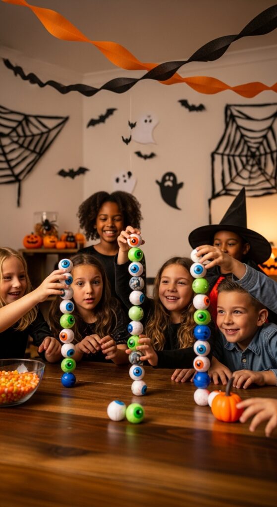 A table with kids stacking plastic eyeballs into a tower, Halloween party decorations in the background, realistic fun setting.