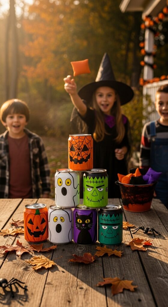 A Halloween can toss game set up on a table, spooky decorated cans stacked in a pyramid, kids ready to throw beanbags, realistic photo.