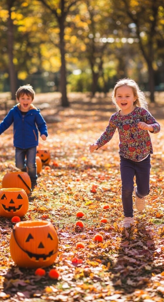 Kids playing a Fill the Pumpkin relay race outdoors, pumpkins used as buckets, kids laughing and running, autumn leaves on the ground, realistic photography.