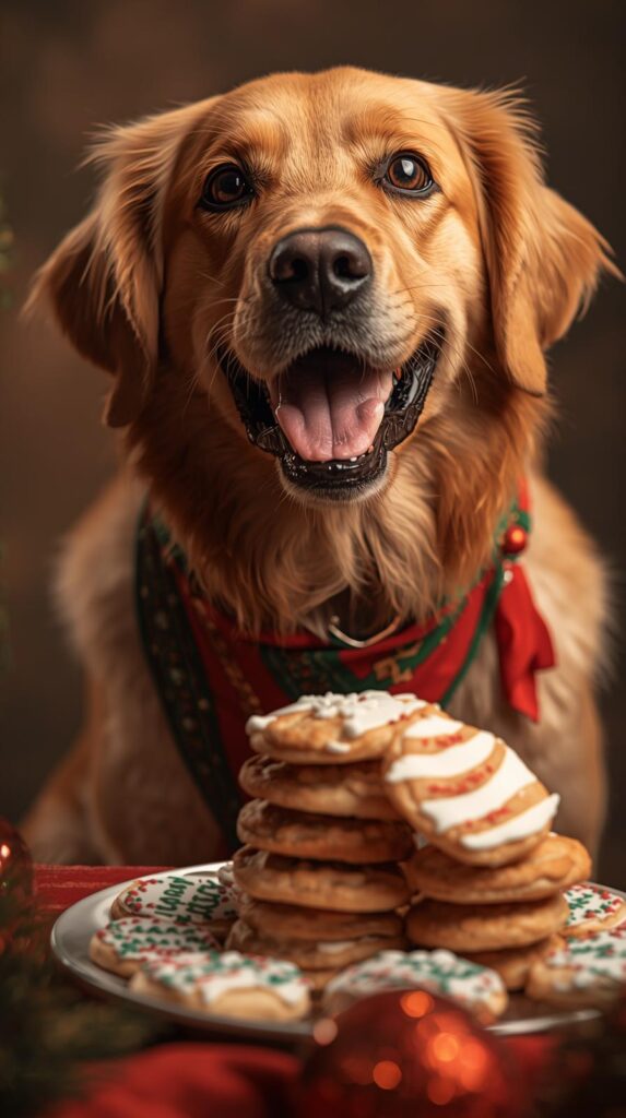 A joyful dog wearing a holiday bandana, scarf or antler headband, sitting next to a plate of decorated cookies, looking excited.
