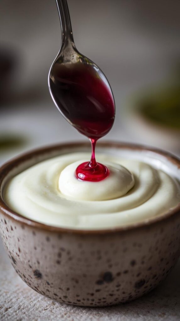 A small bowl with the dog-safe icing (white) being mixed, with a teaspoon adding a drop of beet juice (for red color) or spirulina (for green) to show how you can colour it naturally.