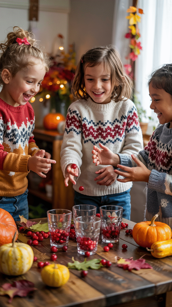 a-photograph-of-three-children-joyfully-_343sRHtoSj-S8h3hDaVqsg_vkT4KTMwTPeCq8kl7rOrJQ Kids bouncing cranberries into clear cups with laughter and autumn décor in the background.