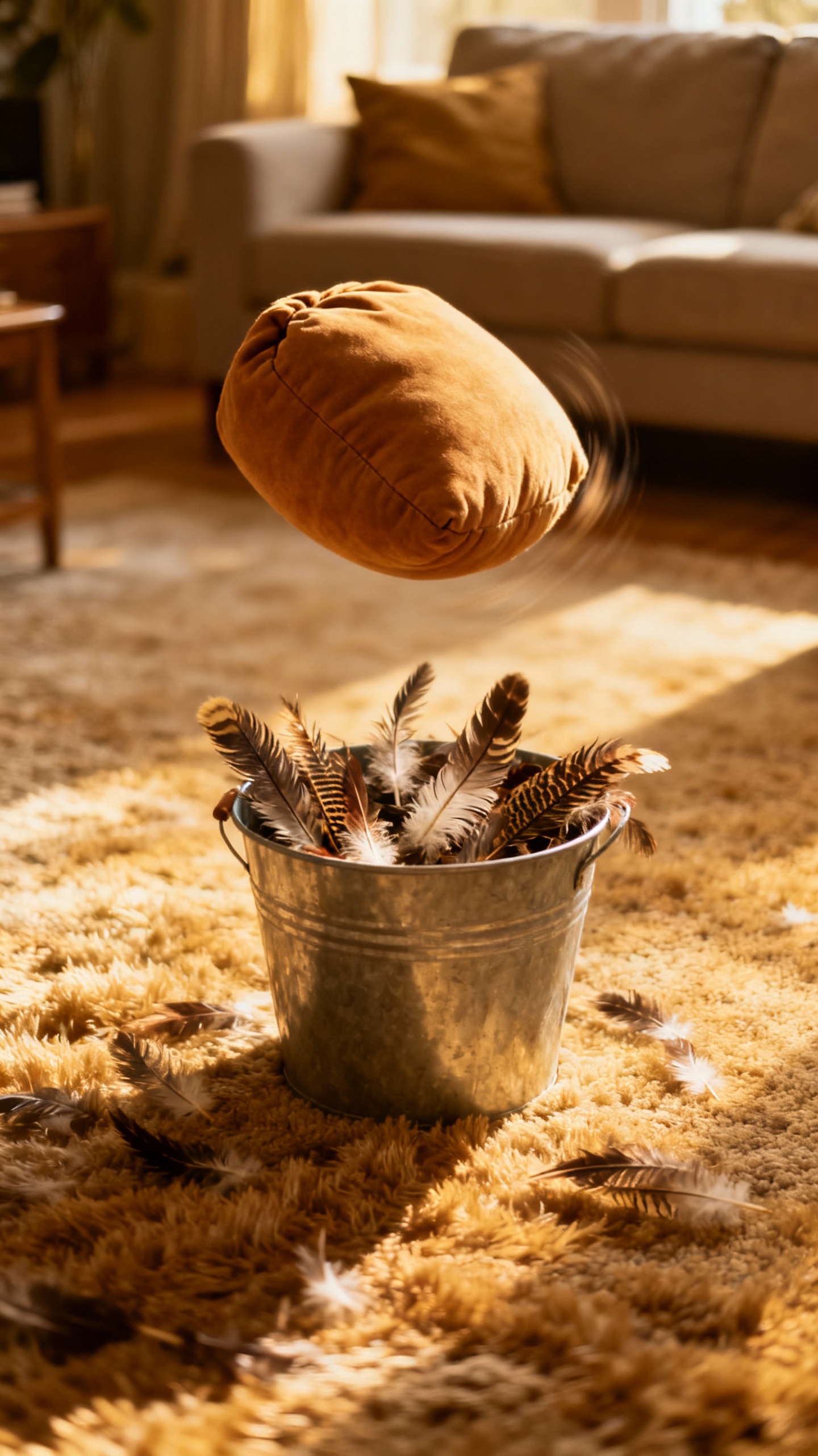 Beanbag midair toward turkey-feathered buckets, cozy living room carpet
