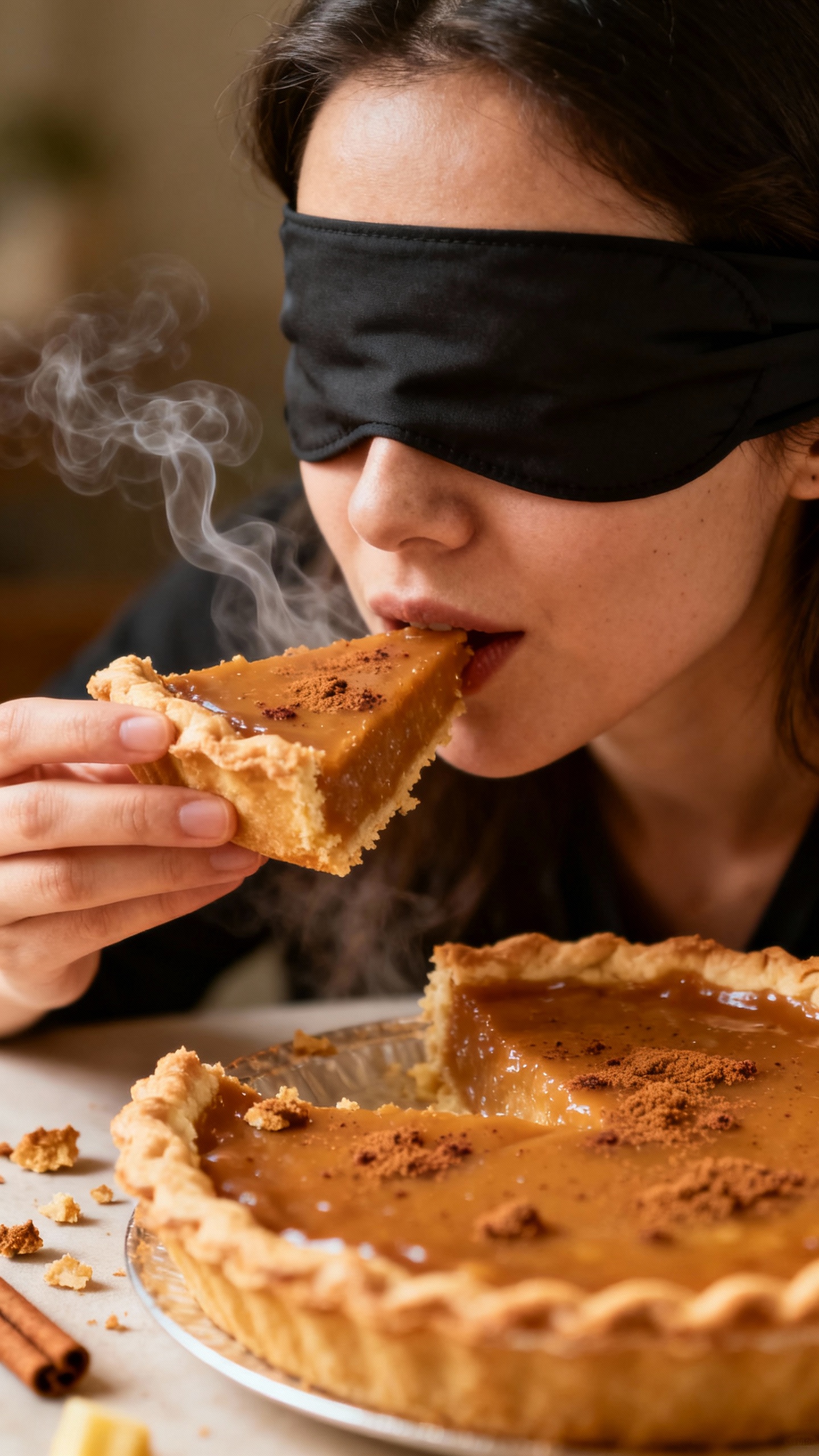 Blindfolded woman tasting pie slice, flaky crust, cinnamon steam