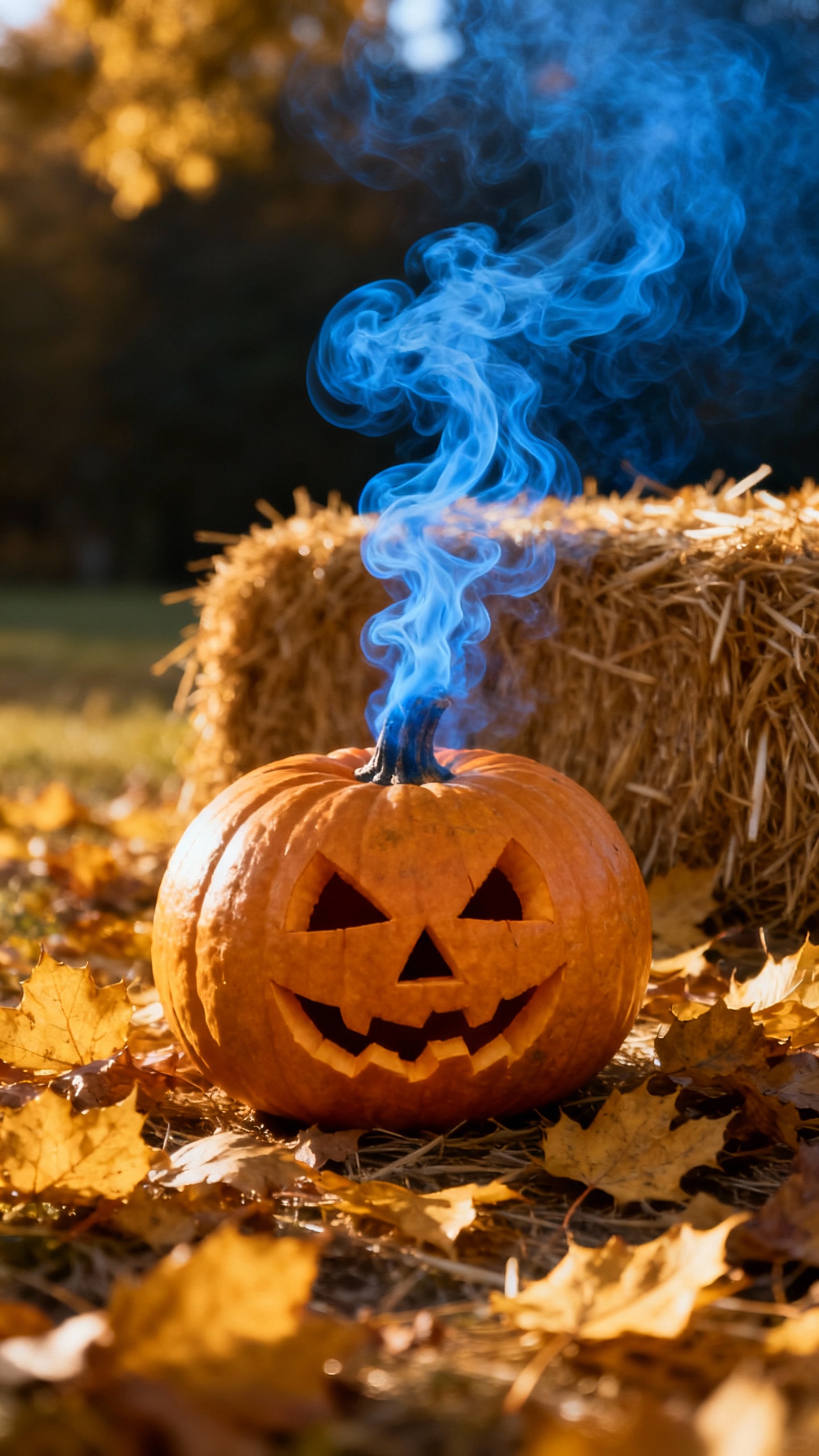 Carved pumpkin emitting blue smoke, golden-hour leaves, outdoor hay bale
