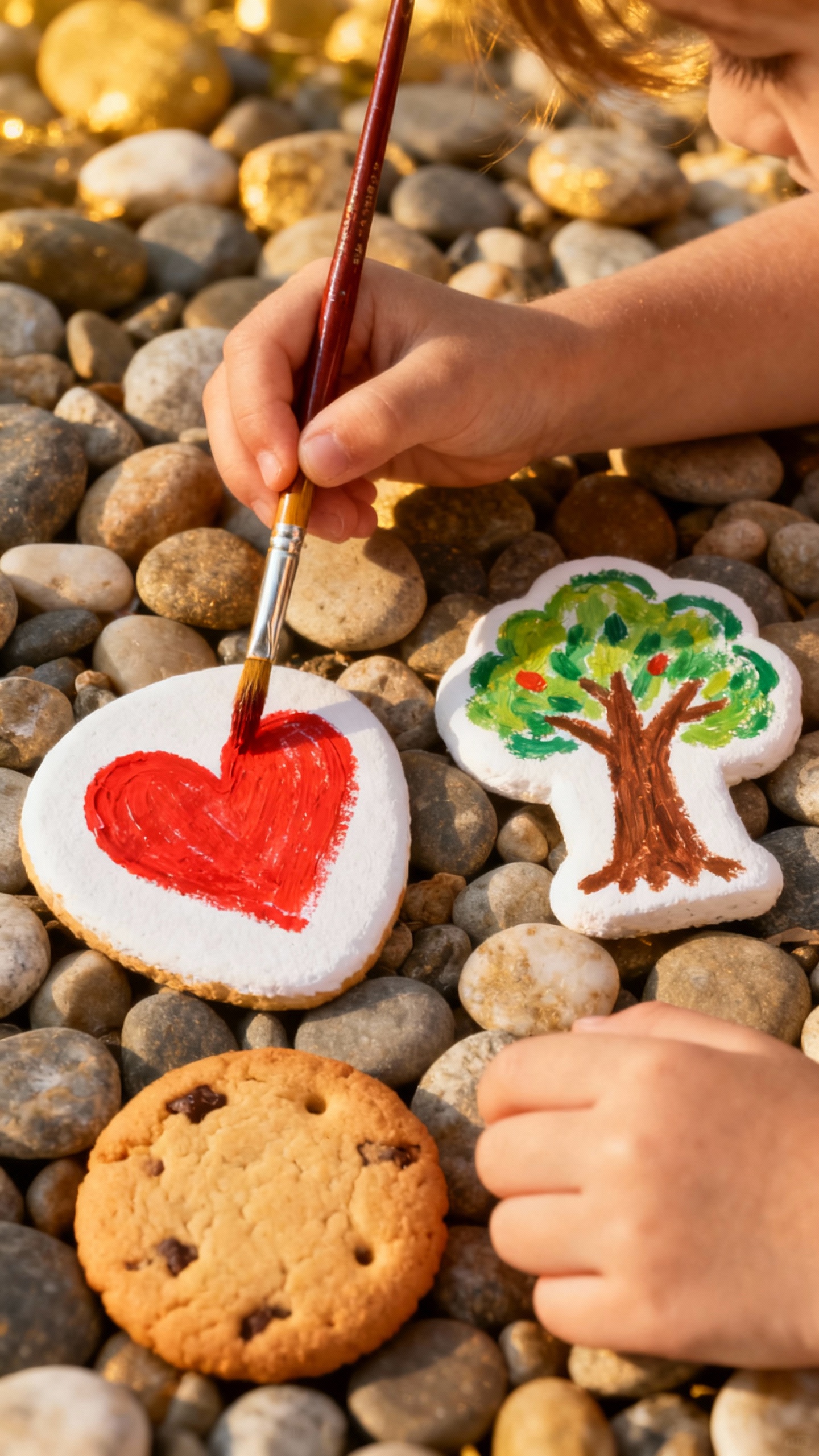 Child’s hands painting story stones—heart, tree, cookie—on smooth pebbles