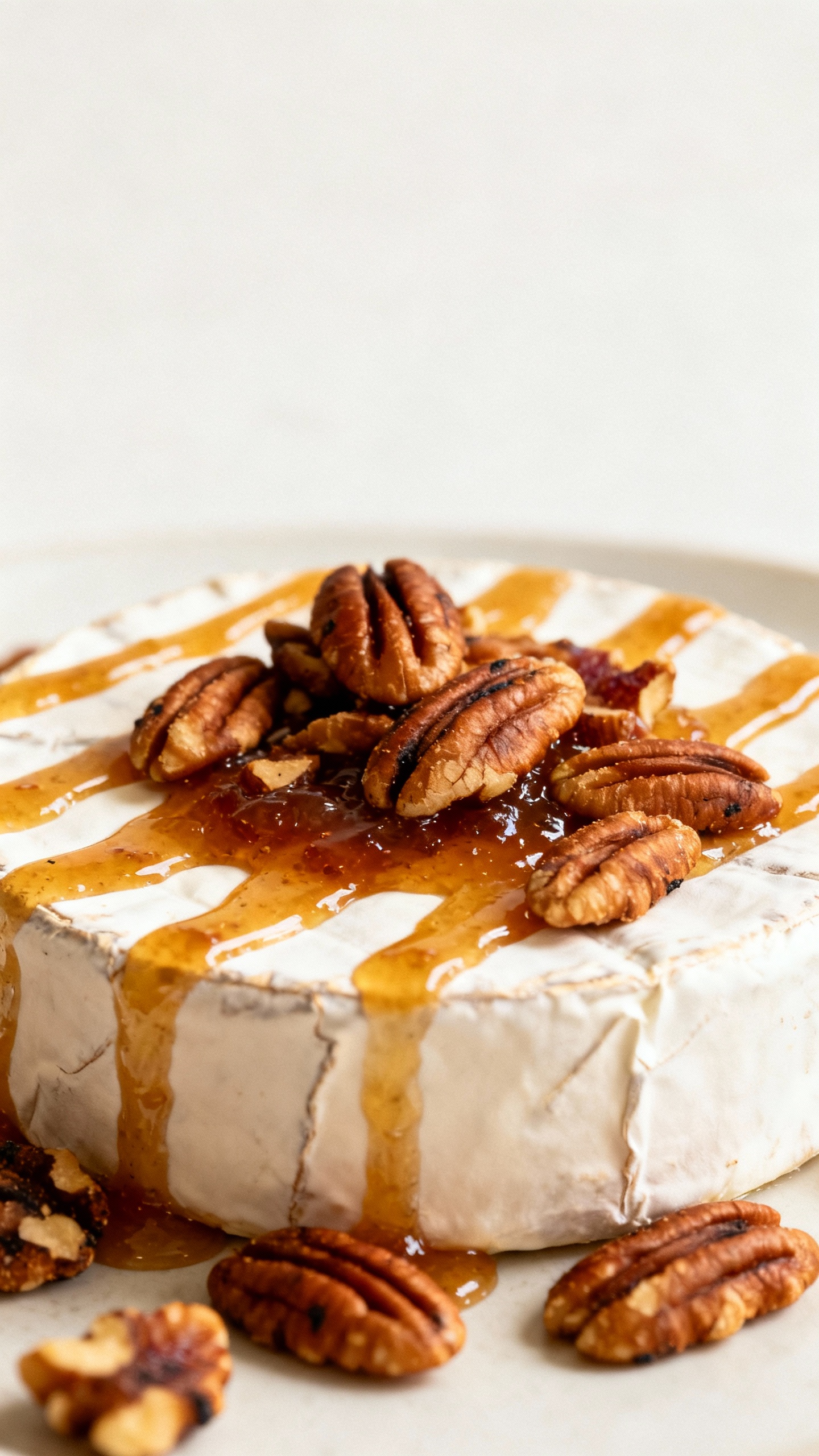Closeup brie wheel with fig jam drizzle, toasted pecans
