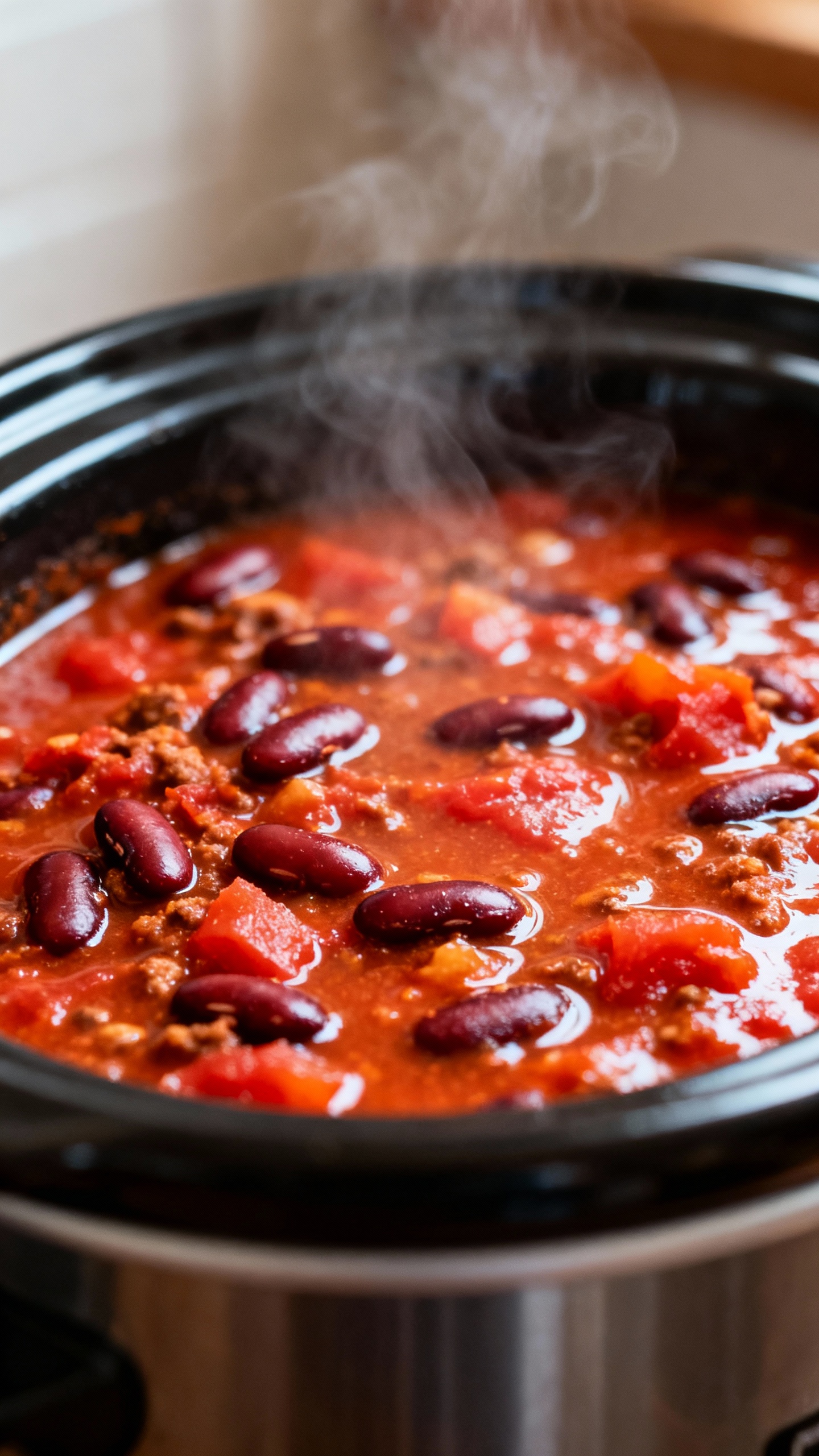 Closeup crockpot chili simmering, kidney beans, crushed tomatoes, steam
