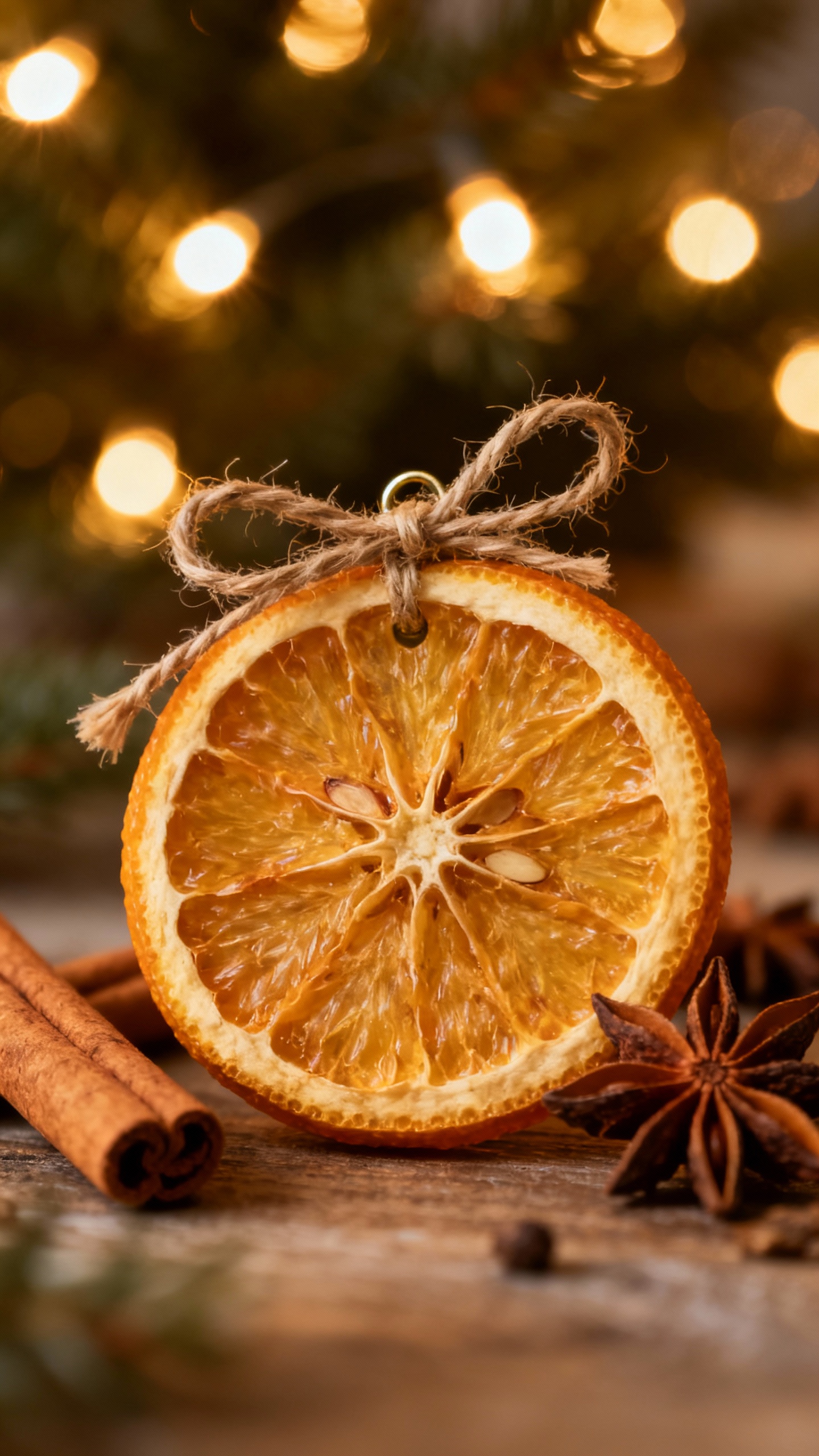 Closeup dried orange slice ornament with twine, cinnamon stick, star anise, warm tree lights