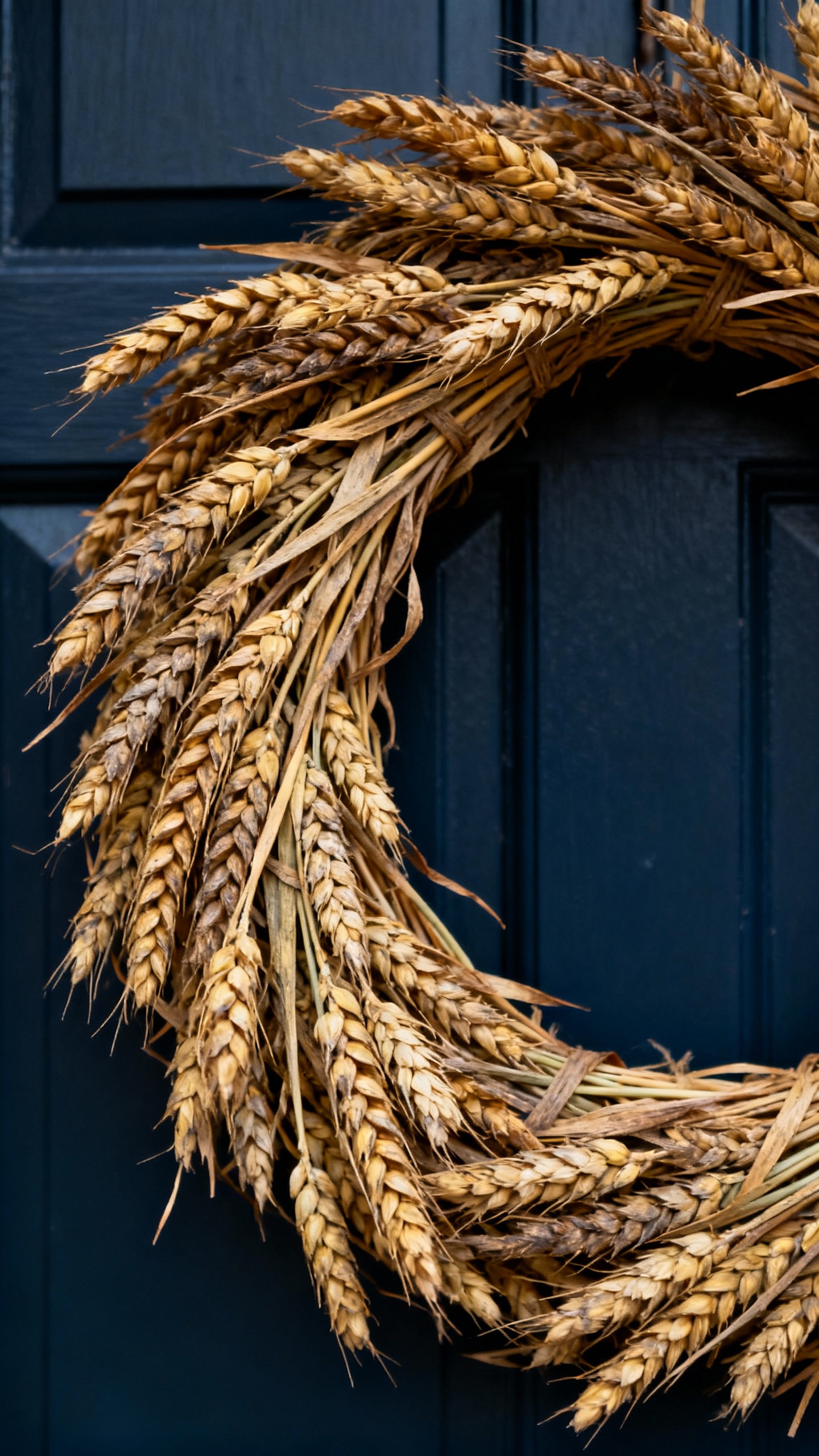 Closeup dried wheat wreath on dark navy door, textured