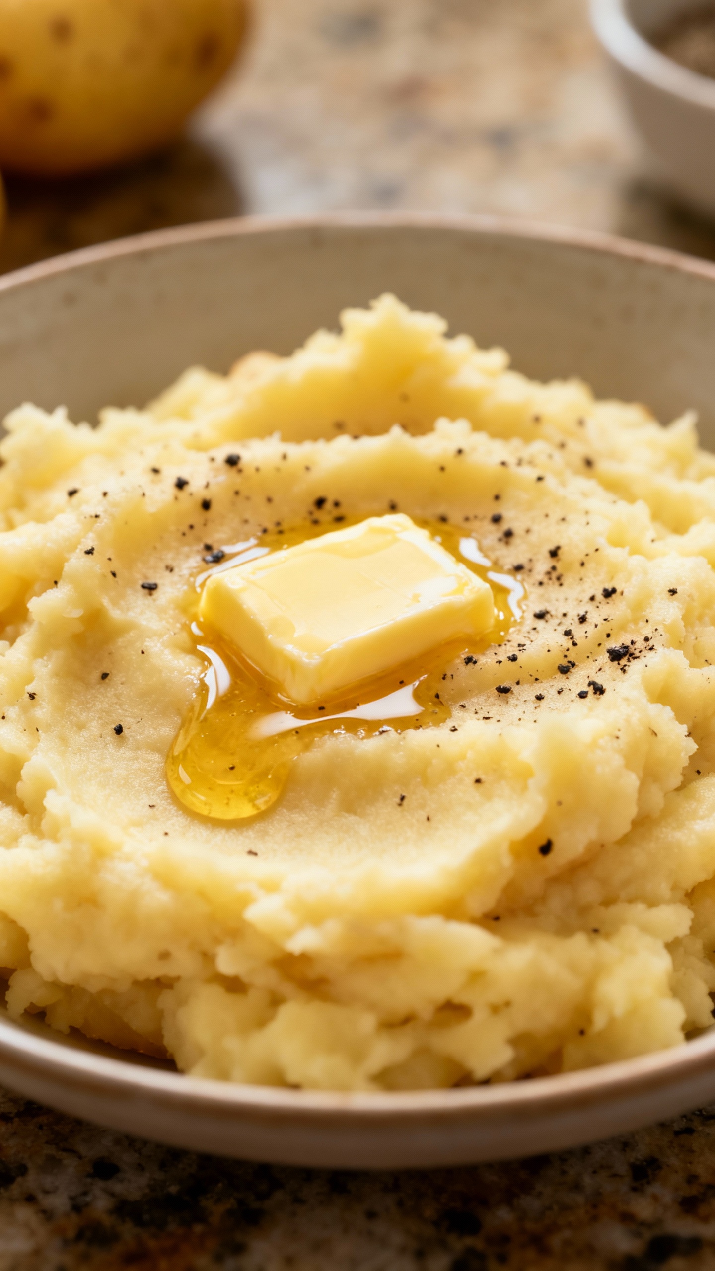 Closeup mashed Yukon Gold potatoes with butter melt, black pepper