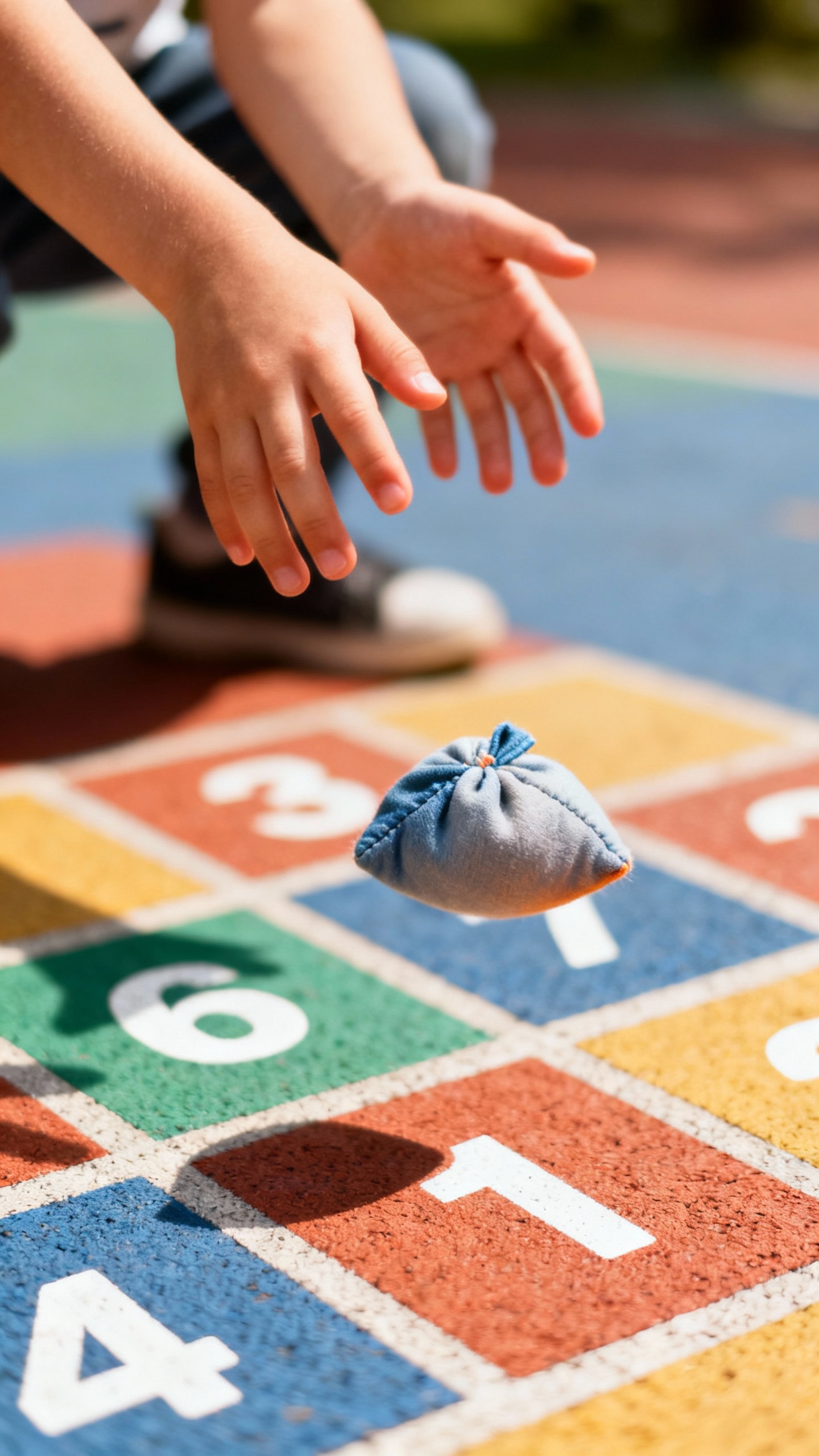 Closeup of child’s hands tossing beanbag onto numbered floor squares