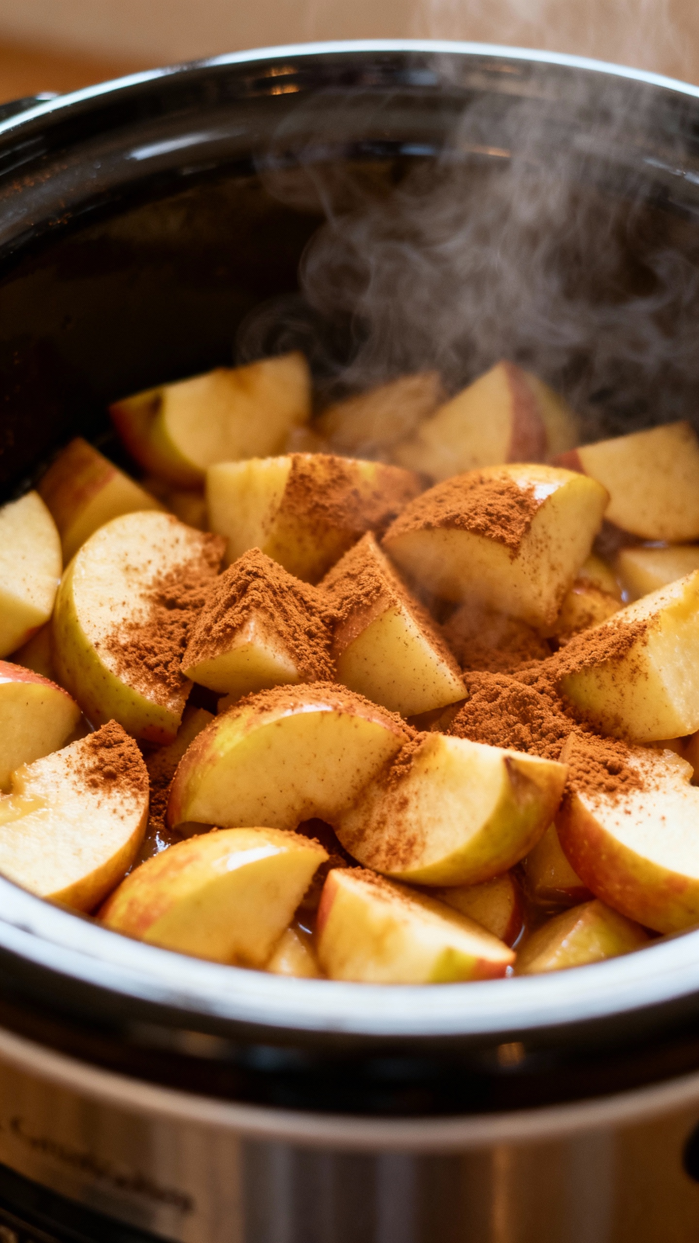 Closeup of chopped apples in slow cooker, cinnamon dust, steam