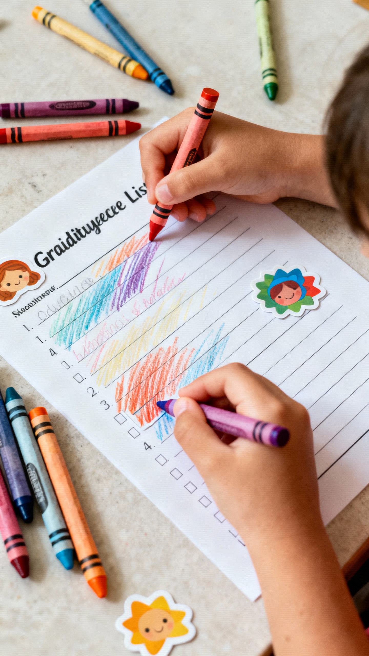 Closeup of kids’ hands coloring gratitude scavenger list, crayons, stickers